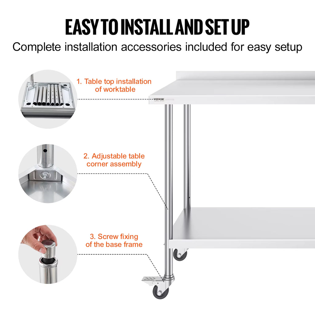Stainless Steel Work Table Commercial Food Prep Worktable with Casters Heavy Duty Prep Worktable for Restaurant Home Hotel
